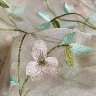 Fancy Pansy Embroidered Pink & Green Shimmering Organza Sheer Curtain