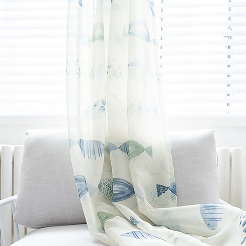 Ocean View Green Blue Fish Sheer Curtain 1