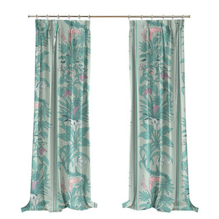 Botanica Light Turquoise Green Striped Floral Velvet Curtain 4