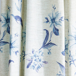 French Iris Porcelain Blue & White Linen Style Floral Curtain 3