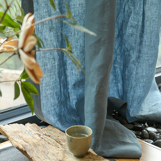 Wabi Sabi Pure Flax Linen Teal Blue Heavy Semi Sheer Curtain