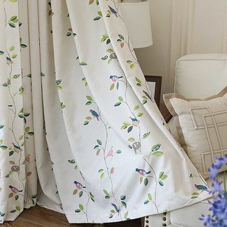 Misty Meadow Linen Style Floral and Bird Print Curtain