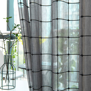 Pane Paradise Checked Grid Charcoal Grey Sheer Curtains