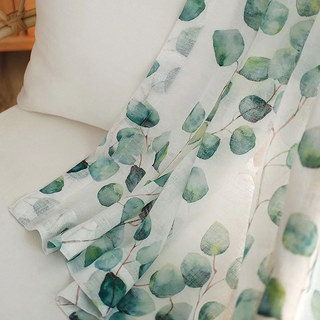 Misty Eucalyptus Green Leaf Watercolour Floral Voile Curtains 4