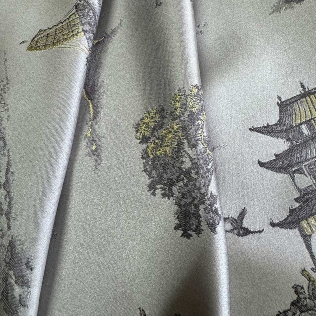 Pagoda & Junk Boat Chinoiserie Cream Satin Floral Curtain 1