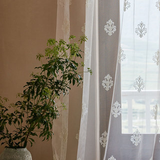 Neoclassical Design Damask White Embroidered Sheer Voile Curtain 1