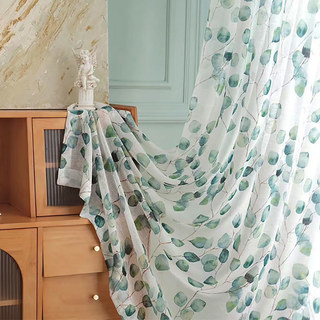 Misty Eucalyptus Green Leaf Watercolour Floral Voile Curtains