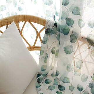 Misty Eucalyptus Green Leaf Watercolour Floral Voile Curtains 1