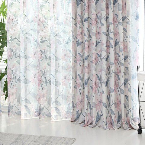 Spring Bloom Pink Floral and Foliage Print Sheer Voile Curtains 1