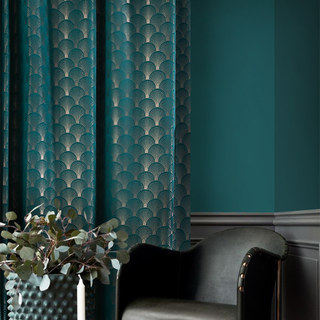 The Roaring Twenties Luxury Art Deco Shell Patterned Teal & Silver Geometric Curtain 2