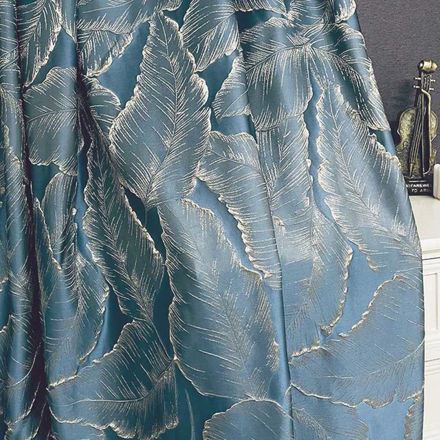 Paradise Luxury 3D Jacquard Tropical Leaves Duck Egg Blue Curtain with Gold Details 1