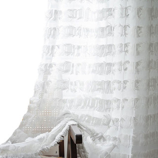 Square Lattice Fringe Trim Geometric White Voile Curtain