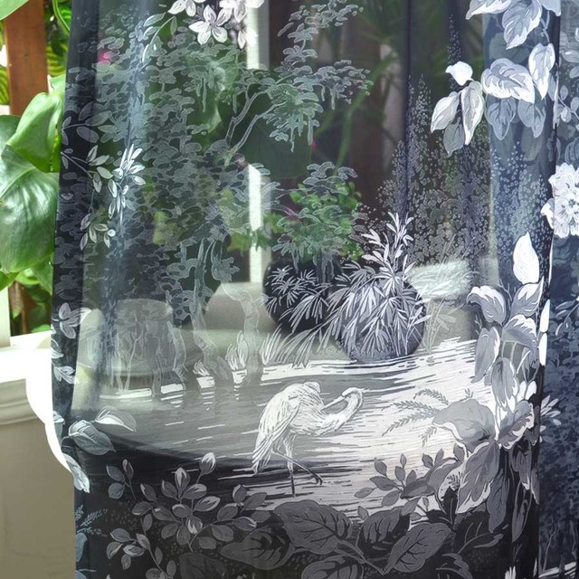 Oasis Tropical Trees Flowers Cranes Black Voile Curtains 1