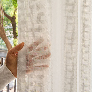 Ethereal Grid Ivory White Linen Style Voile Curtain 4