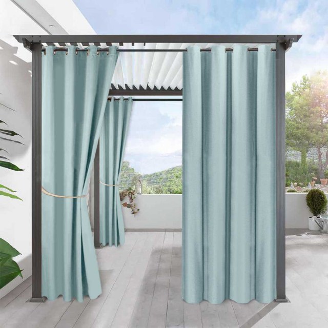 Del Mar Waterproof Blackout Light Blue Linen Style Outdoor Curtain 1