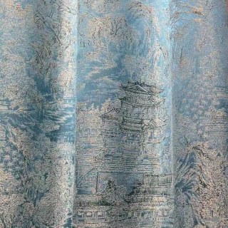 Temple Tranquility Jacquard Chinoiserie Blue Floral Curtain 1