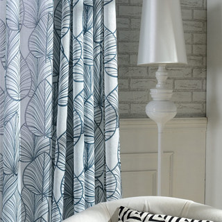 Lush Palm Tree Paradise Textured Navy Semi Sheer Curtain