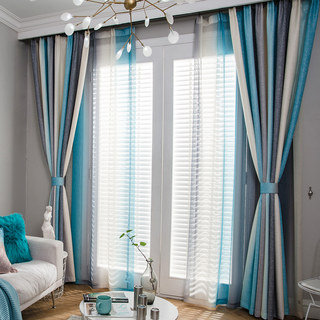 Sea Breeze Cocktail Rock Gray and Beach Blue Striped Curtain 2