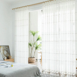 Gracie White Linen Horizontal Band Sheer Curtains 2