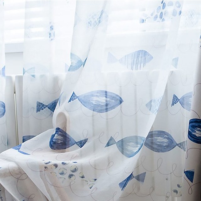 Ocean View Blue Fish Nautical Sheer Curtain 1