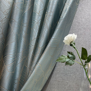 Banana Leaves Luxury 3D Jacquard Duck Egg Blue Curtain Drapes 4