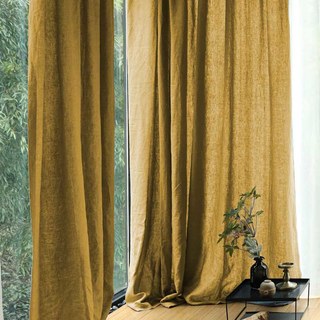 Wabi Sabi Pure Flax Linen Mustard Yellow Heavy Semi Sheer Curtain