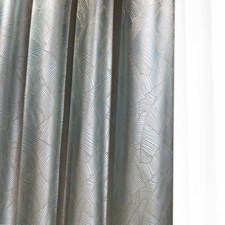 Banana Leaves Luxury 3D Jacquard Duck Egg Blue Curtain with Gold Details 2