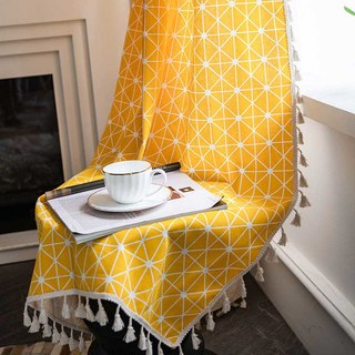 Lemon Zest Yellow Checked Geometric Boho Curtains 2