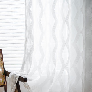 Diamond Lattice Fringe Trim Geometric White Sheer Curtain