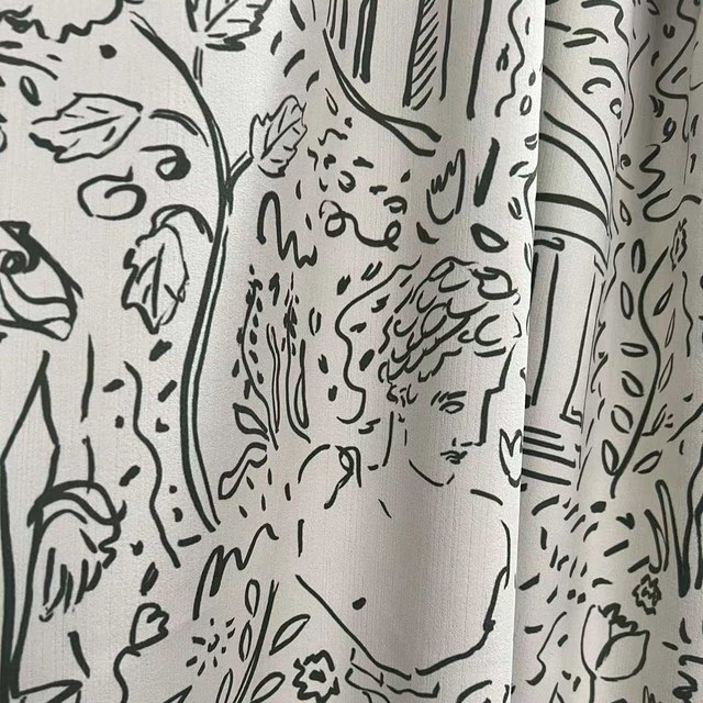 Divine Doodles Graffiti Black Line Art Cream Chenille Curtains 1