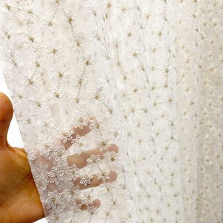 Summertime Embroidered Daisy White Sheer Curtain with Gold Details