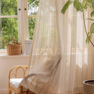 Bliss Striped Cream Oatmeal Linen Style Sheer Curtain 2