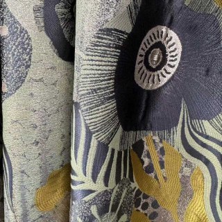 Earthy Whimsy Yellow Gold and Midnight Blue Modern Floral Curtains