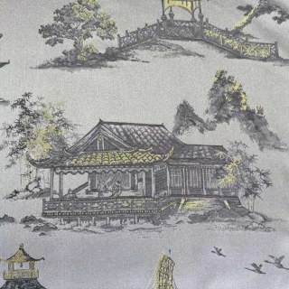 Pagoda & Junk Boat Chinoiserie Silvery Gray Satin Floral Curtain with Gold Details 2