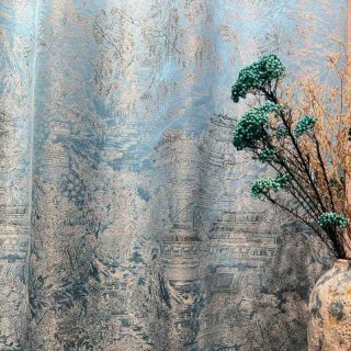 Temple Tranquility Jacquard Chinoiserie Teal Blue Floral Curtain 2