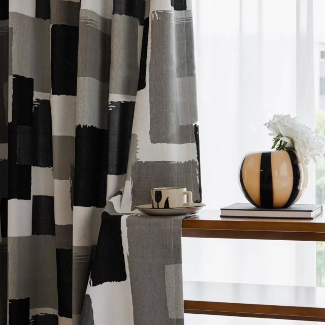 Urban Grid Monochrome Black White and Gray Chenille Geometric Curtain 1